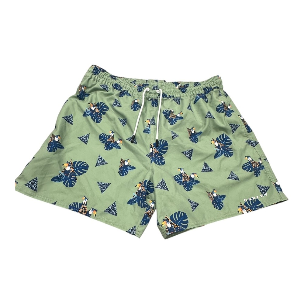 Oakley Swim Trunks Mens XL Sage Green Tropical Toucan Cheetah Print Mesh Lining